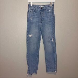 ZARA High Waist Distressed Straight Leg Jeans Size 2 Button Fly Light Wash Denim